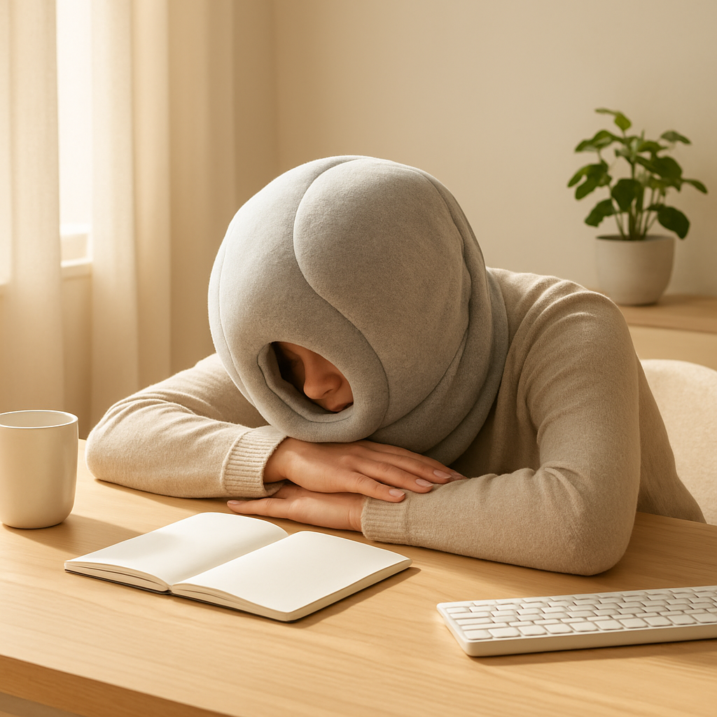 A person resting with a cocoon-style nap pillow at a sunny desk